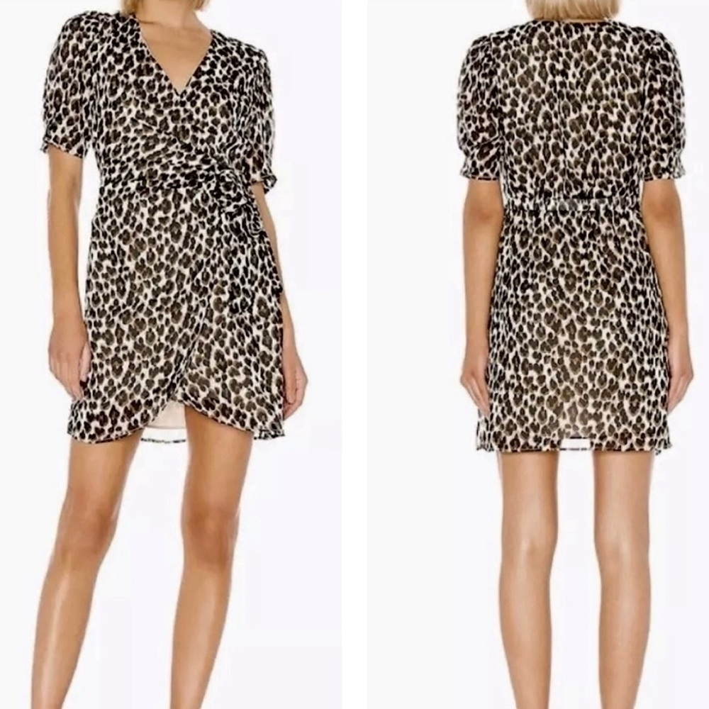 Revolve Heartloom Mini Wrap Dress Size Small Black Leopard Print Short Sleeve
